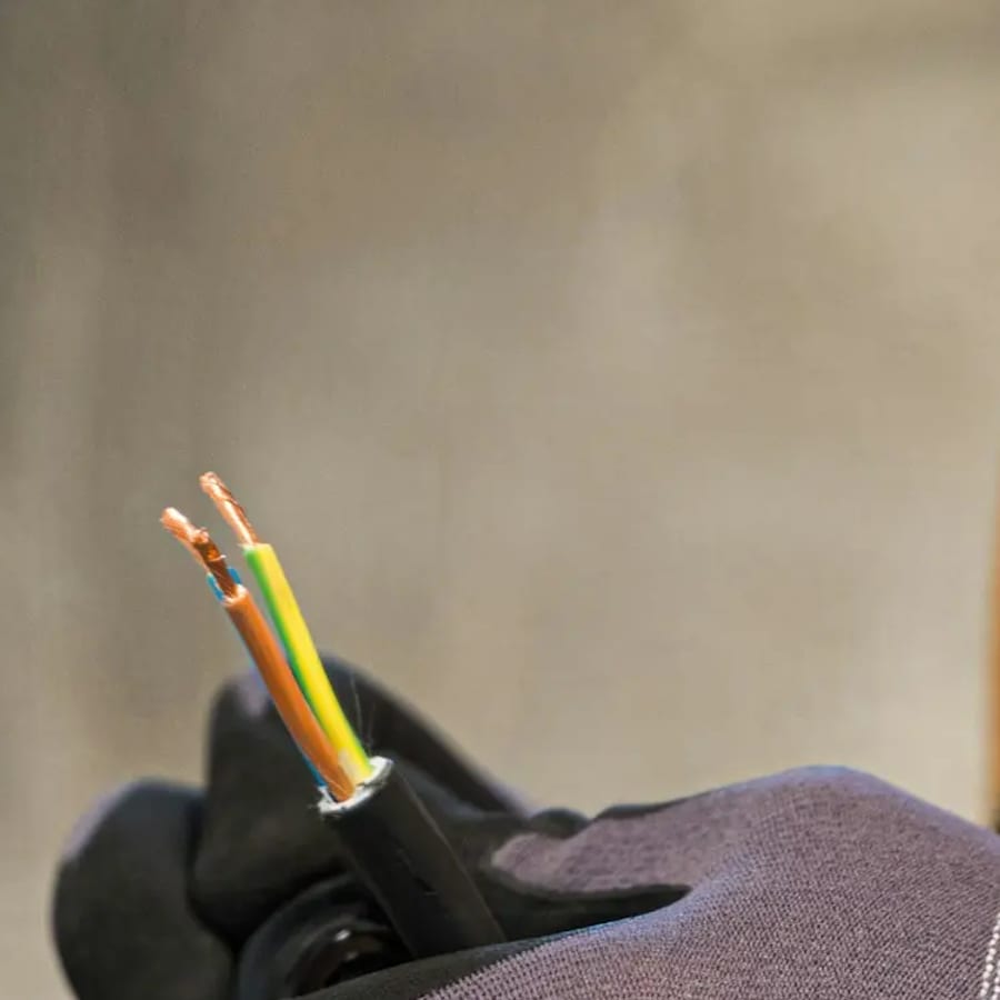 Câble électrique dénudé laissant apparaître les conducteurs aux couleurs françaises